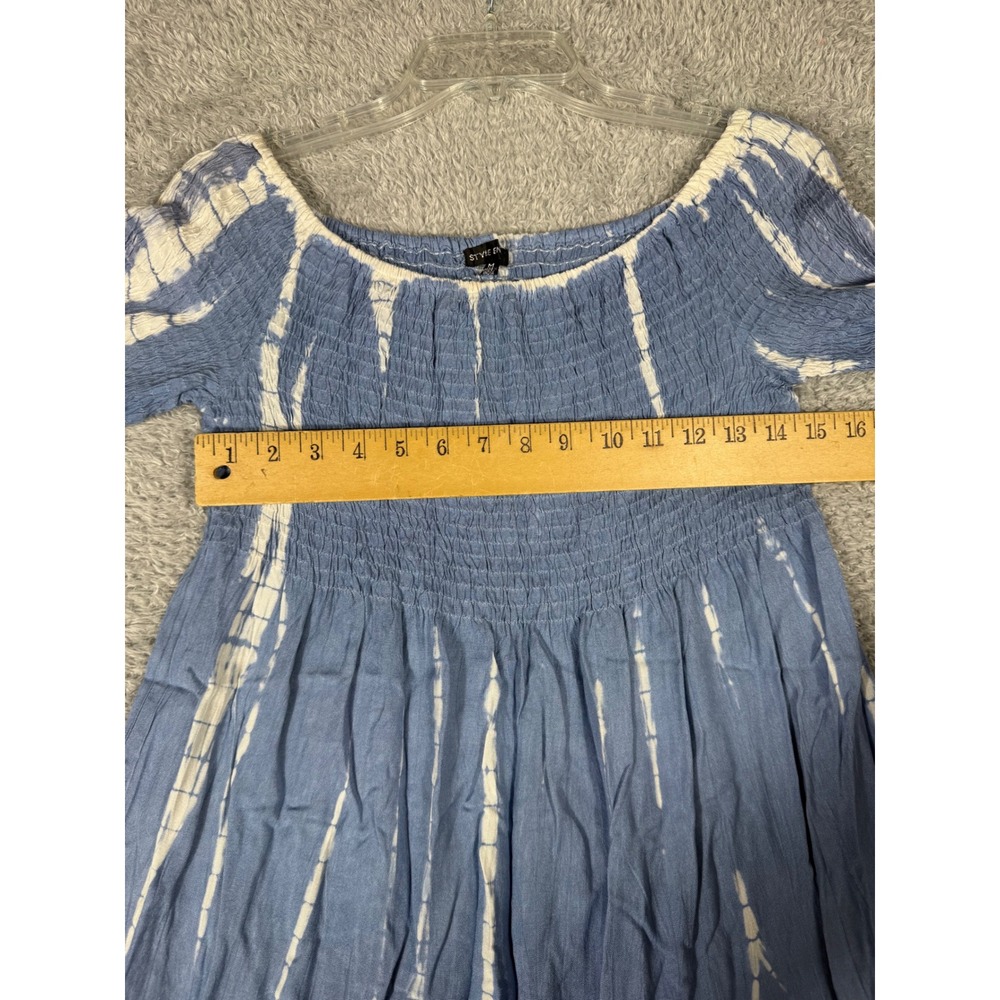 Style Envy Tunic Top Womens M Blue Tie Dye peas Smocked Bell Sleeve peasant - Picture 7 of 10